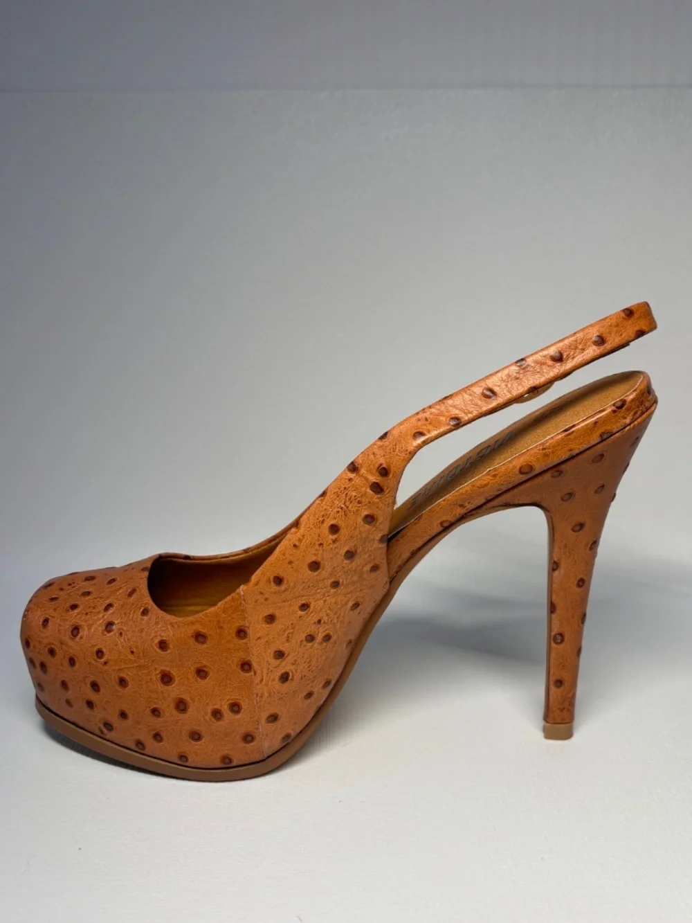 La Victoire Ostrich Embossed Leather Platform Slingback Heels Brown Size 6